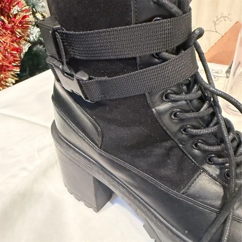 French connection  Women's Black Chunky Platform Boots Size 9 Lace & Buckle - Picture 11 of 12